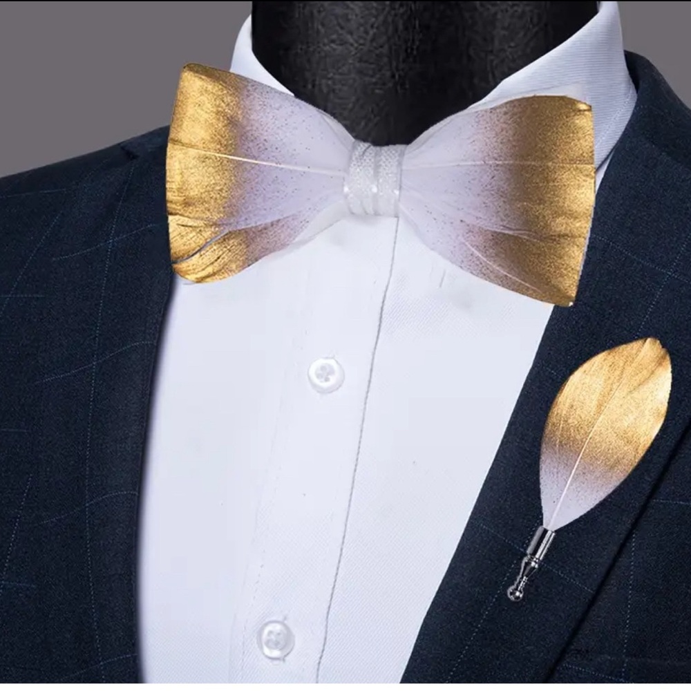 Elegant Gold and White Feather Bow Tie and Lapel Pin Set